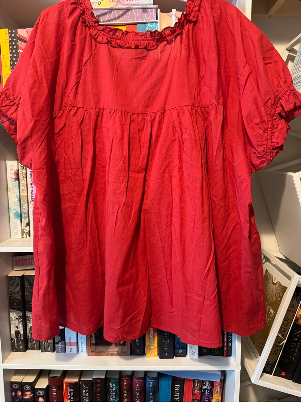 Red Ruffle Button-Front Peasant Blouse - Picture 9 of 12